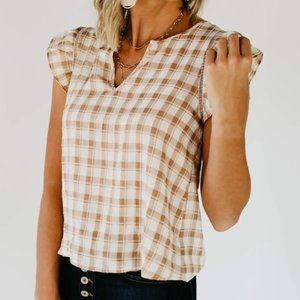 Tan and White ruffle sleeve top